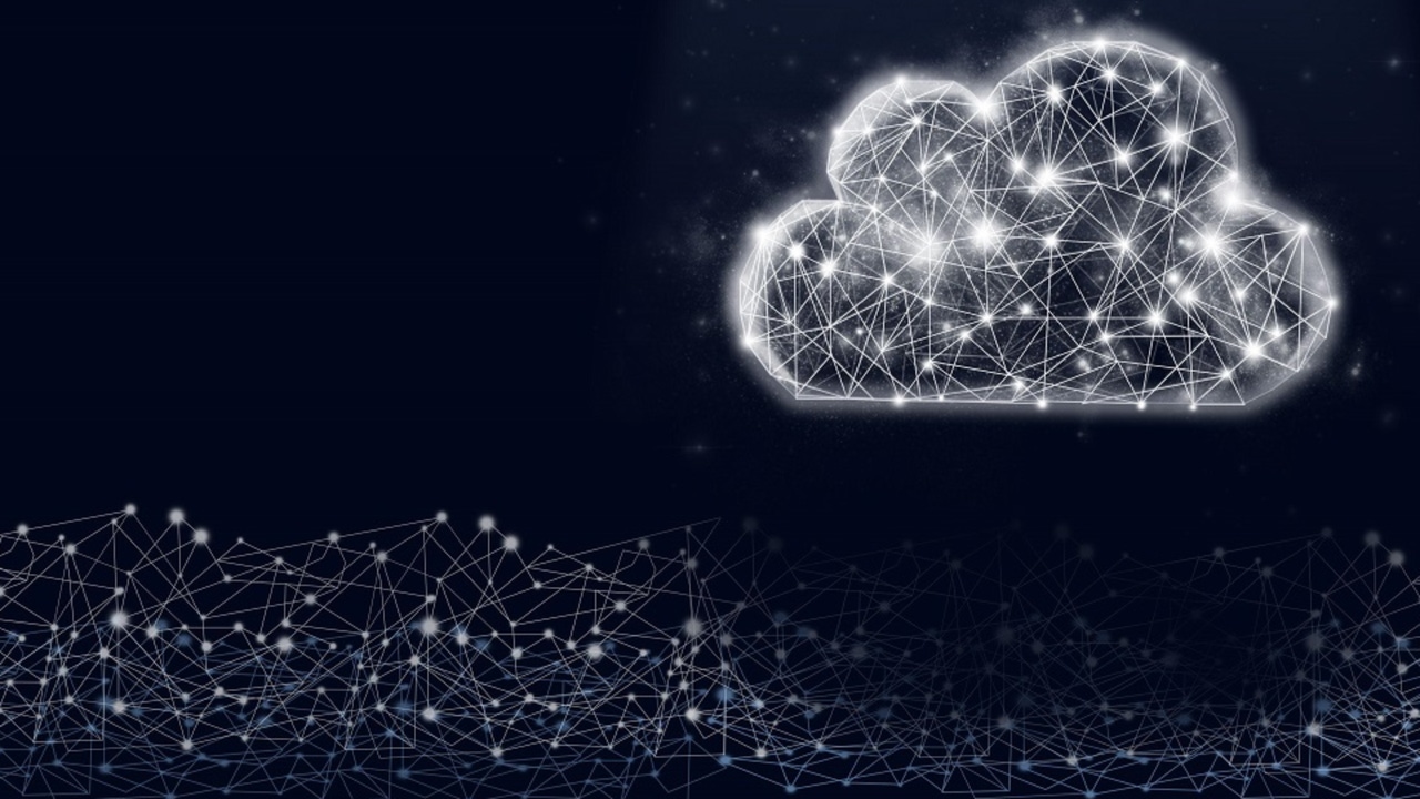 Cloud drawing lit up inside by connected lines and lights against black backdrop above a network of lines and lights