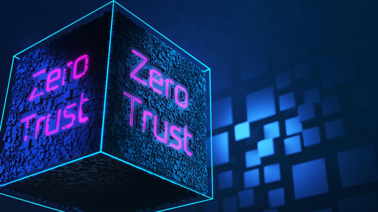 Cube with Zero Trust written on two visible sides; dark blue background with squares floating around Cube with Zero Trust written on two visible sides; dark blue background with squares floating around