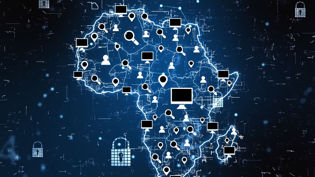 Cyberspace communication concept with digital Africa map, glowing social media icons, computer signs and locks at dark background Cyberspace communication concept with digital Africa map, glowing social media icons, computer signs and locks at dark background