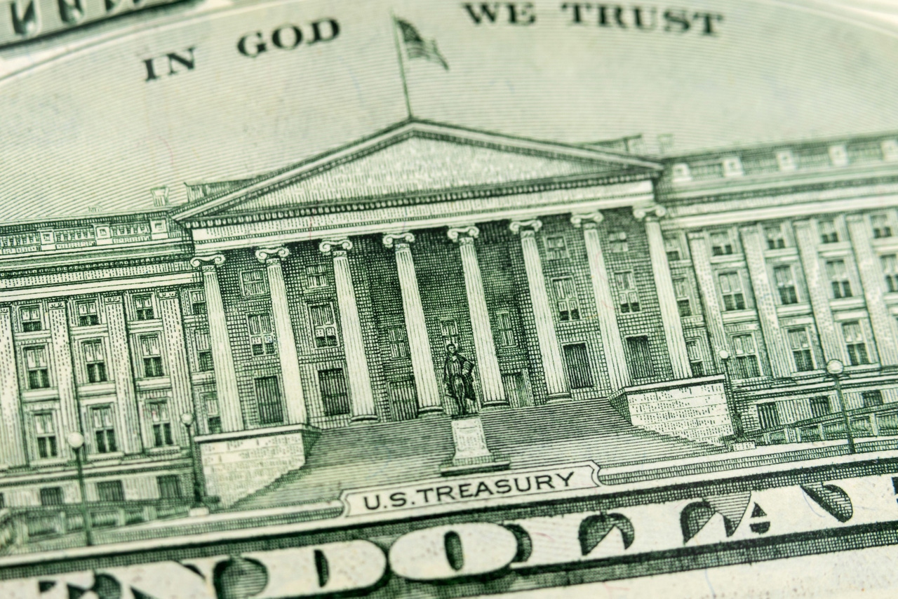 $10 bill closeup of US Treasury Building