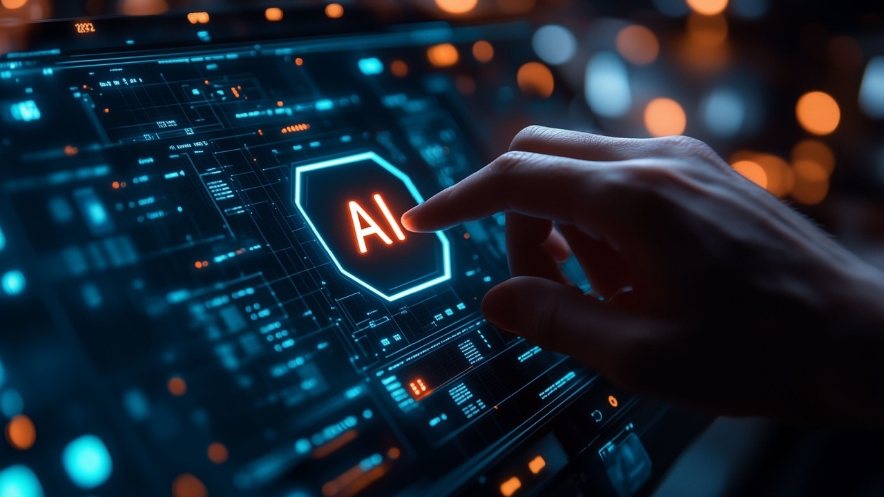 A hand about to press a large digital button marked AI on a screen A hand about to press a large digital button marked AI on a screen