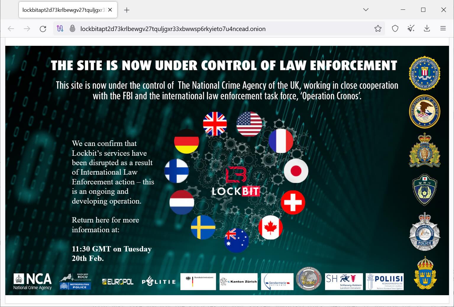 Law enforcement seizure message on LockBit's servers