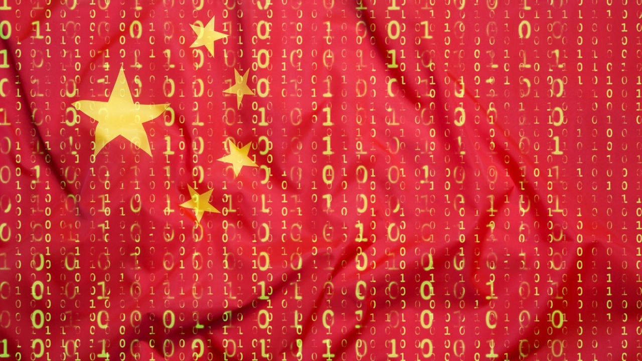 A Chinese flag with gold binary code overlayed on top A Chinese flag with gold binary code overlayed on top