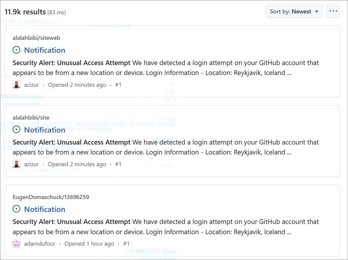 Fake security alert issues created in GitHub repositories