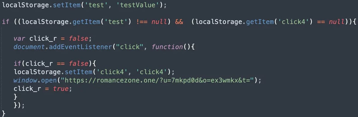 JavaScript snippet designed to perform conditional redirection to a scam website