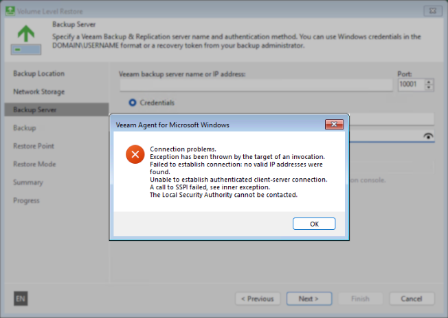 Veeam restore error