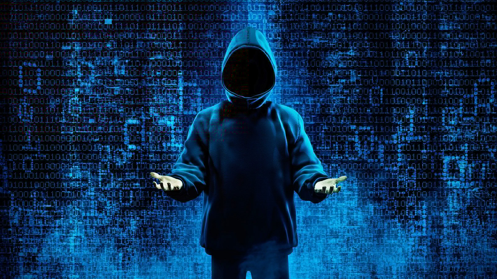 Hacker with arms raised