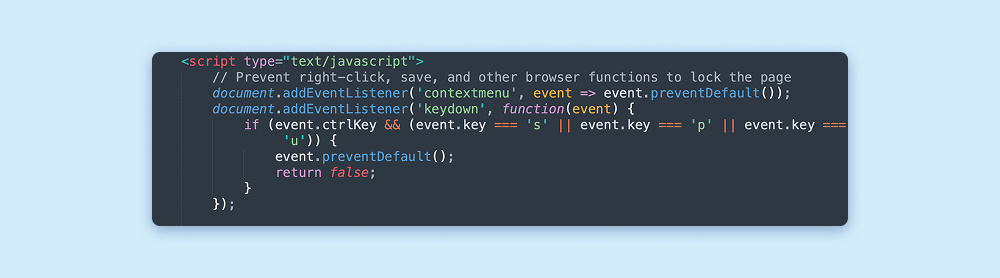 Snippet of JavaScript from the malicious page with basic anti-analysis measures