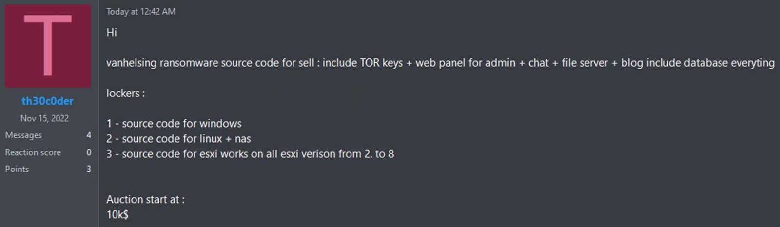 th30c0der attempting to sell the VanHelsing source code