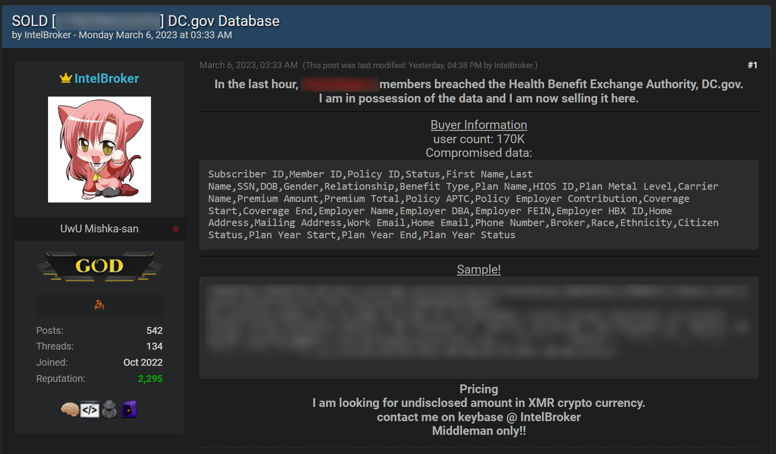 U.S. House members' data up for sale (BleepingComputer)
