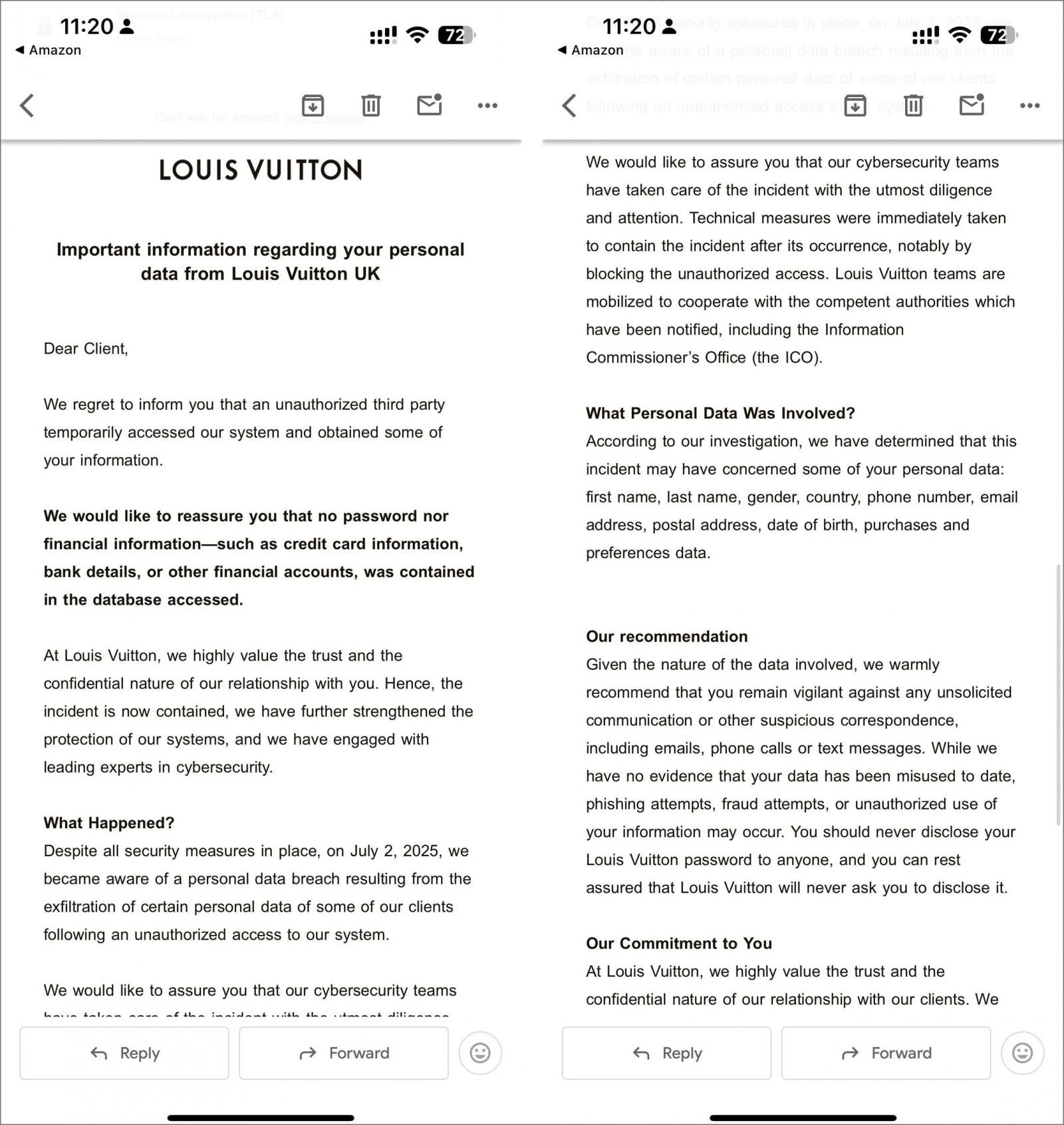 Louis Vuitton data breach notification to UK customers