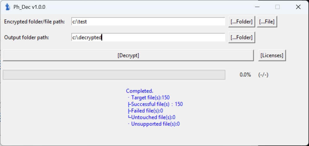 Decryptor successfully decrypting all files in the folder