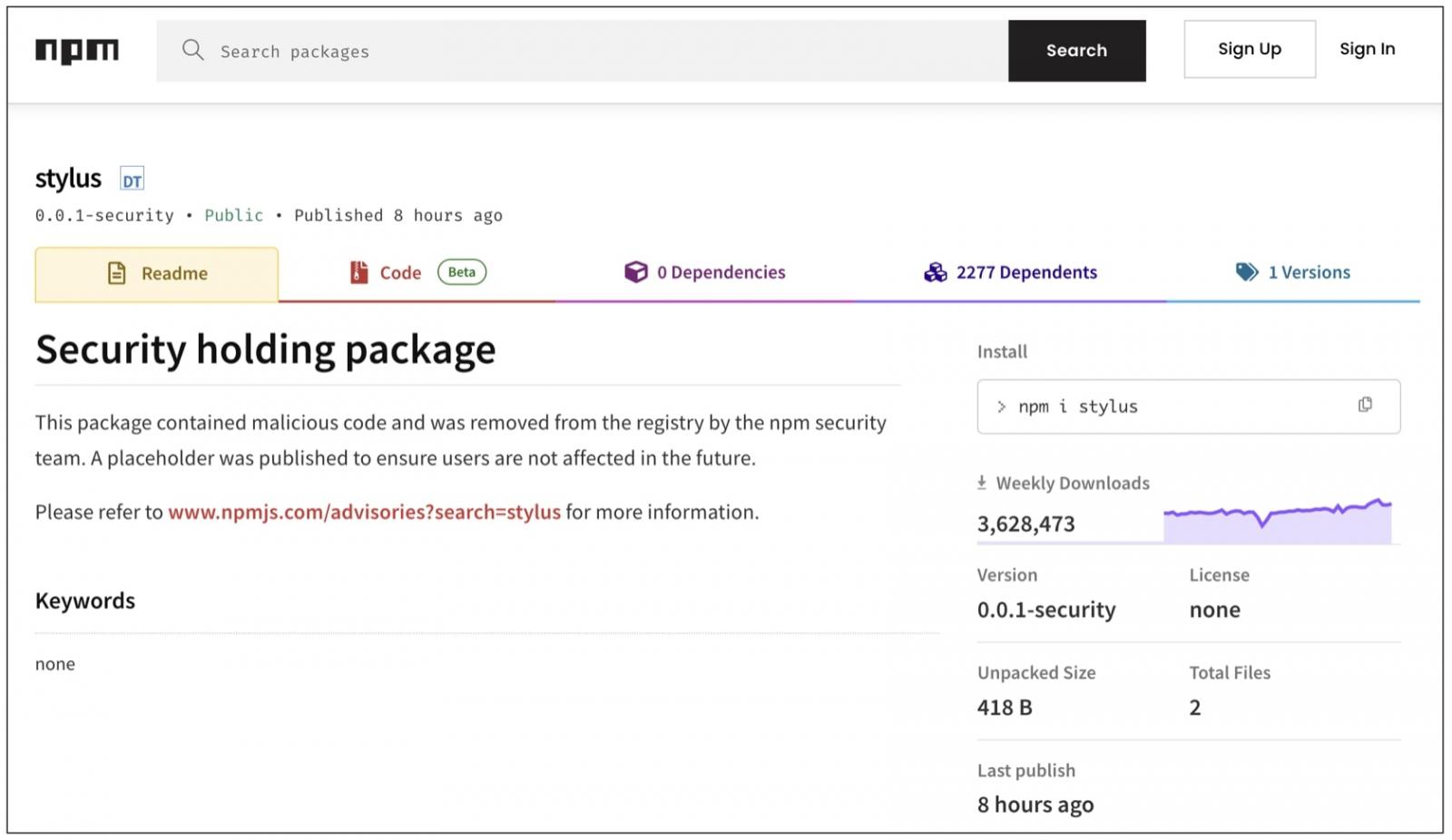 all versions of npm package 'stylus' removed and replaced with a 'security placeholder' page