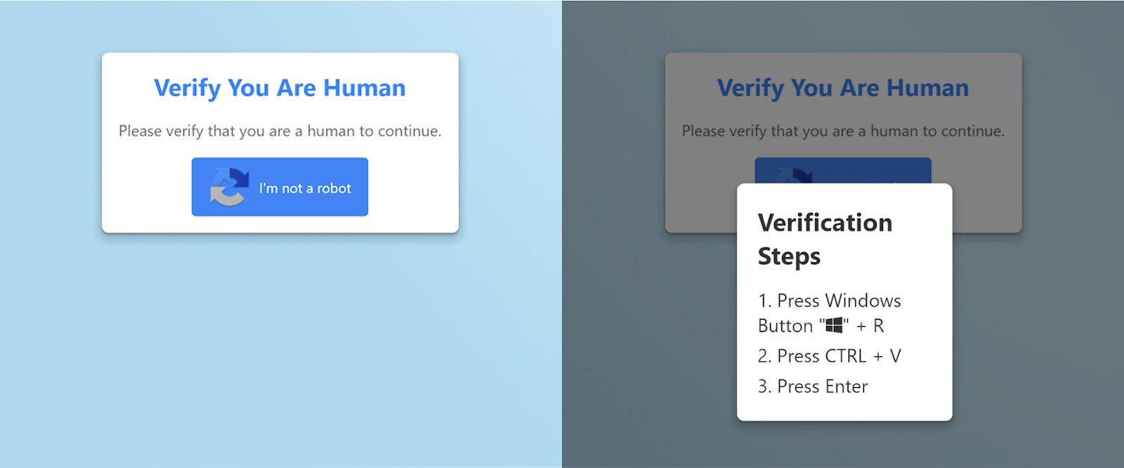 Images of a ClickFix attack disguised as a CAPTCHA prompt.
