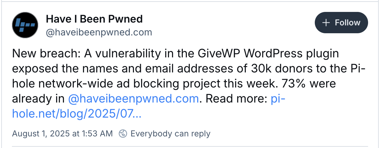 https://bsky.app/profile/haveibeenpwned.com/post/3lvca3viu322x
