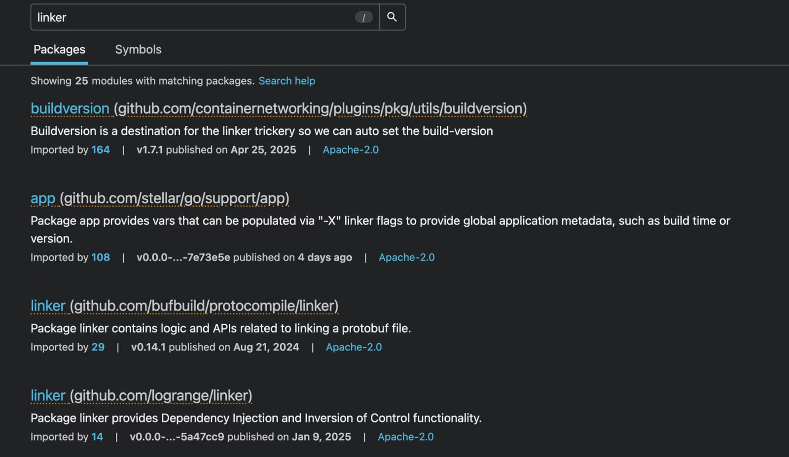 Search results containing links to a malicious package