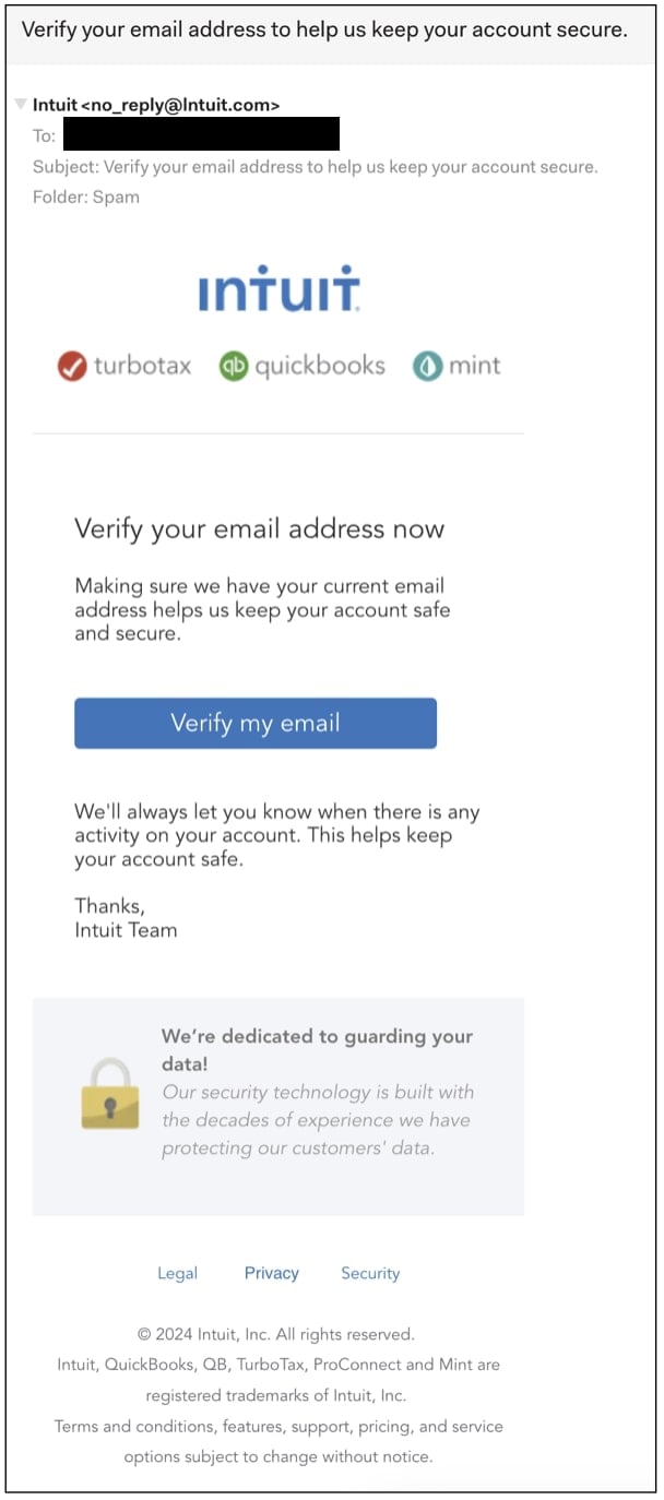 Intuit phishing email on mobile