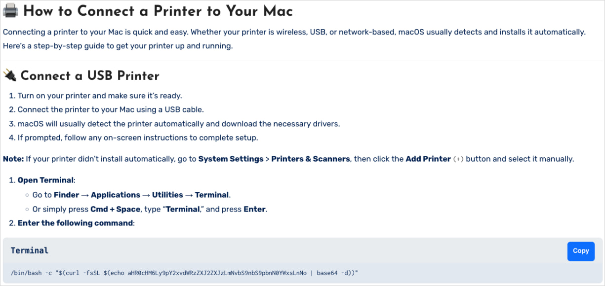 False instructions on fixing printer issues on macOS