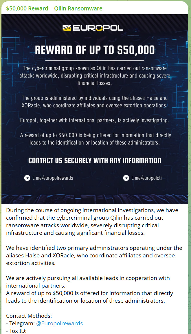Fake Europol CTI post offering Qilin ransomware bounty