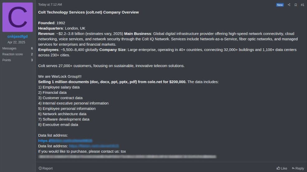 Threat actor's post on a Ramp hacker forum