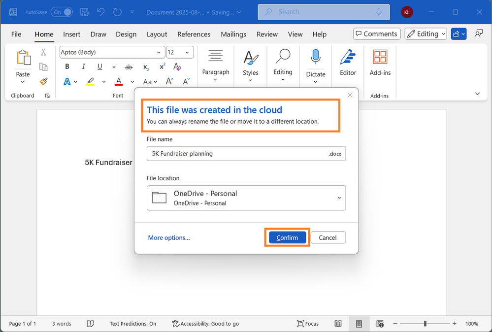 Microsoft Word autosaving to the cloud