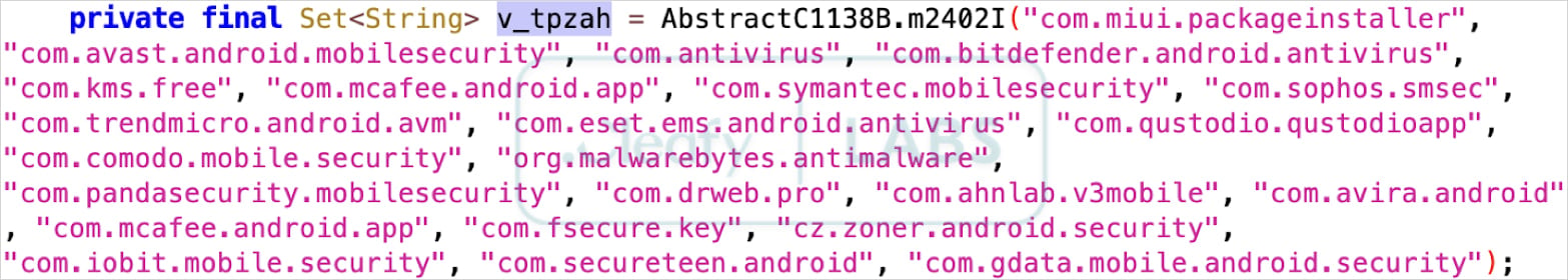 Hardcoded list of AV products the malware attempts to disable