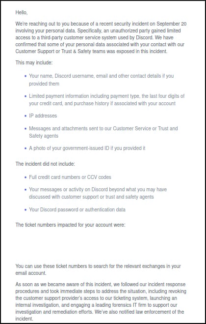 Discord's data breach notification to affected users