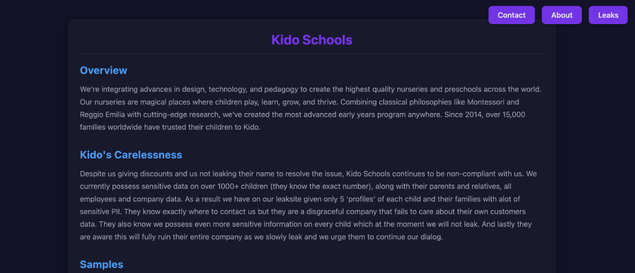 Kido entry on Radiant Group's leak site