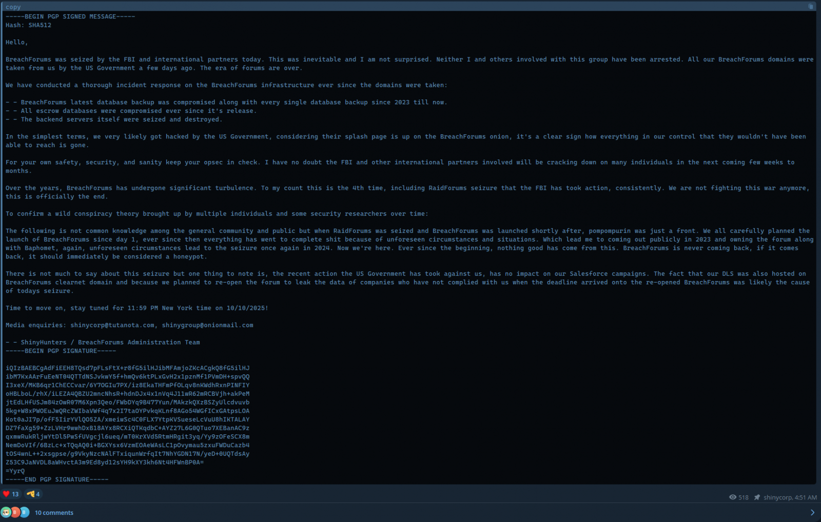 Message from the ShinyHunters gang after the FBI seized BreachForums