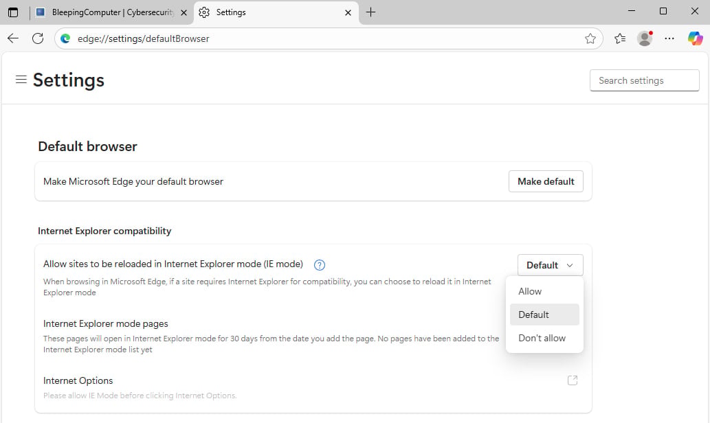 Edge setting for IE mode