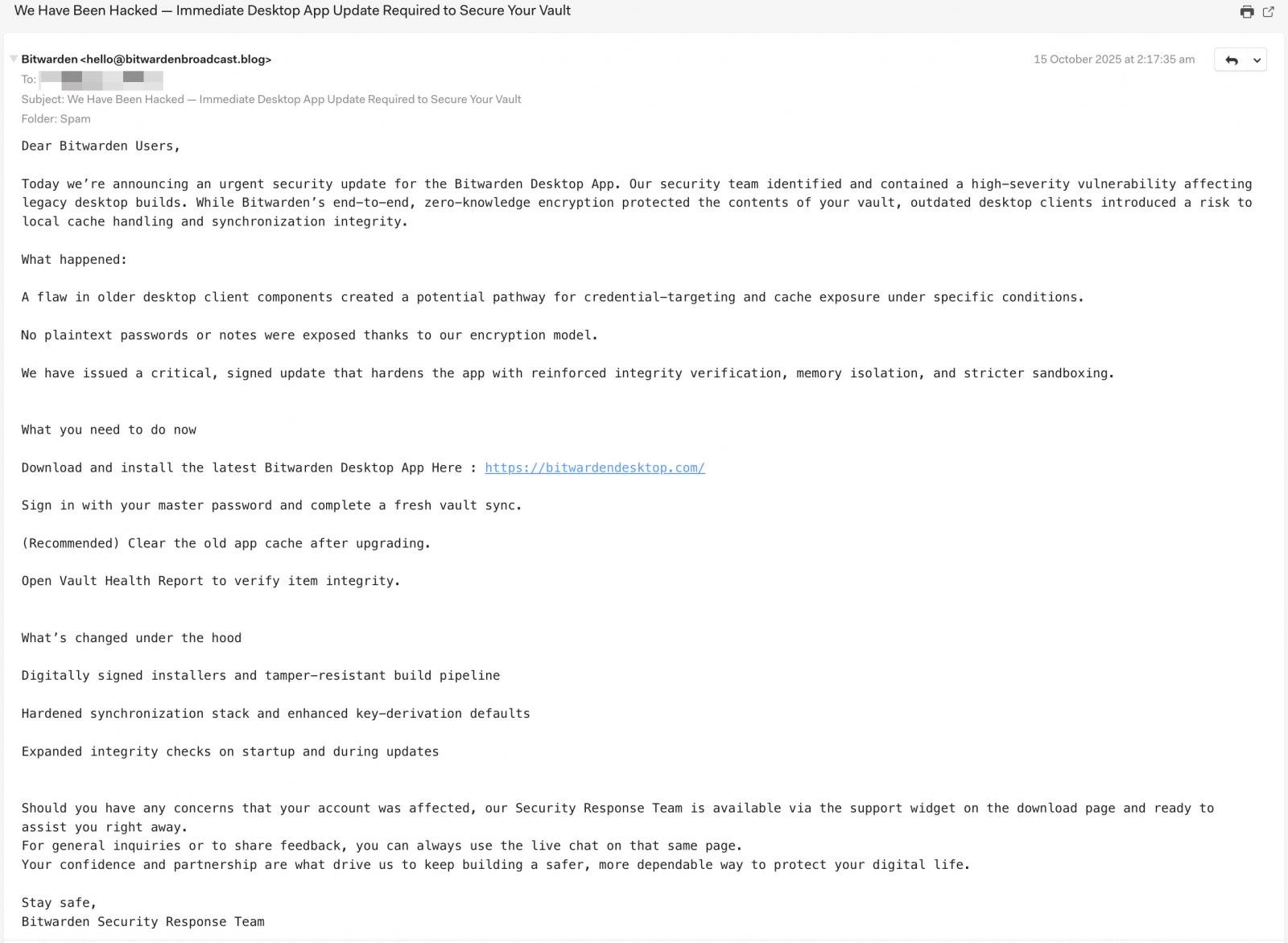 Bitwarden phishing email