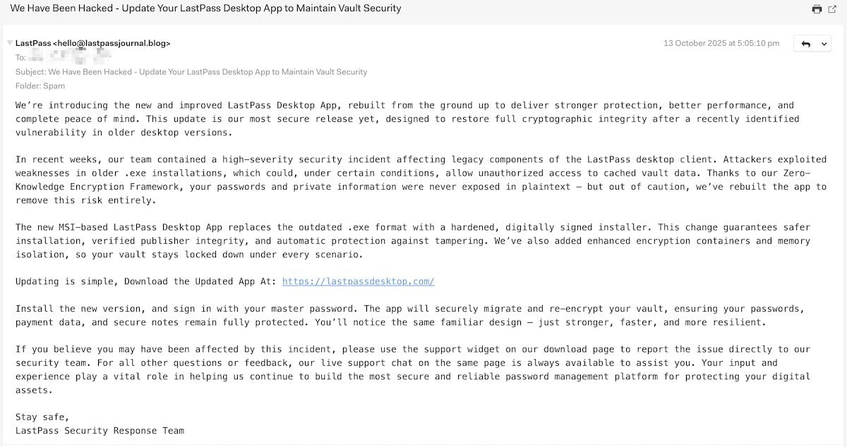 Phishing email impersonating LastPass