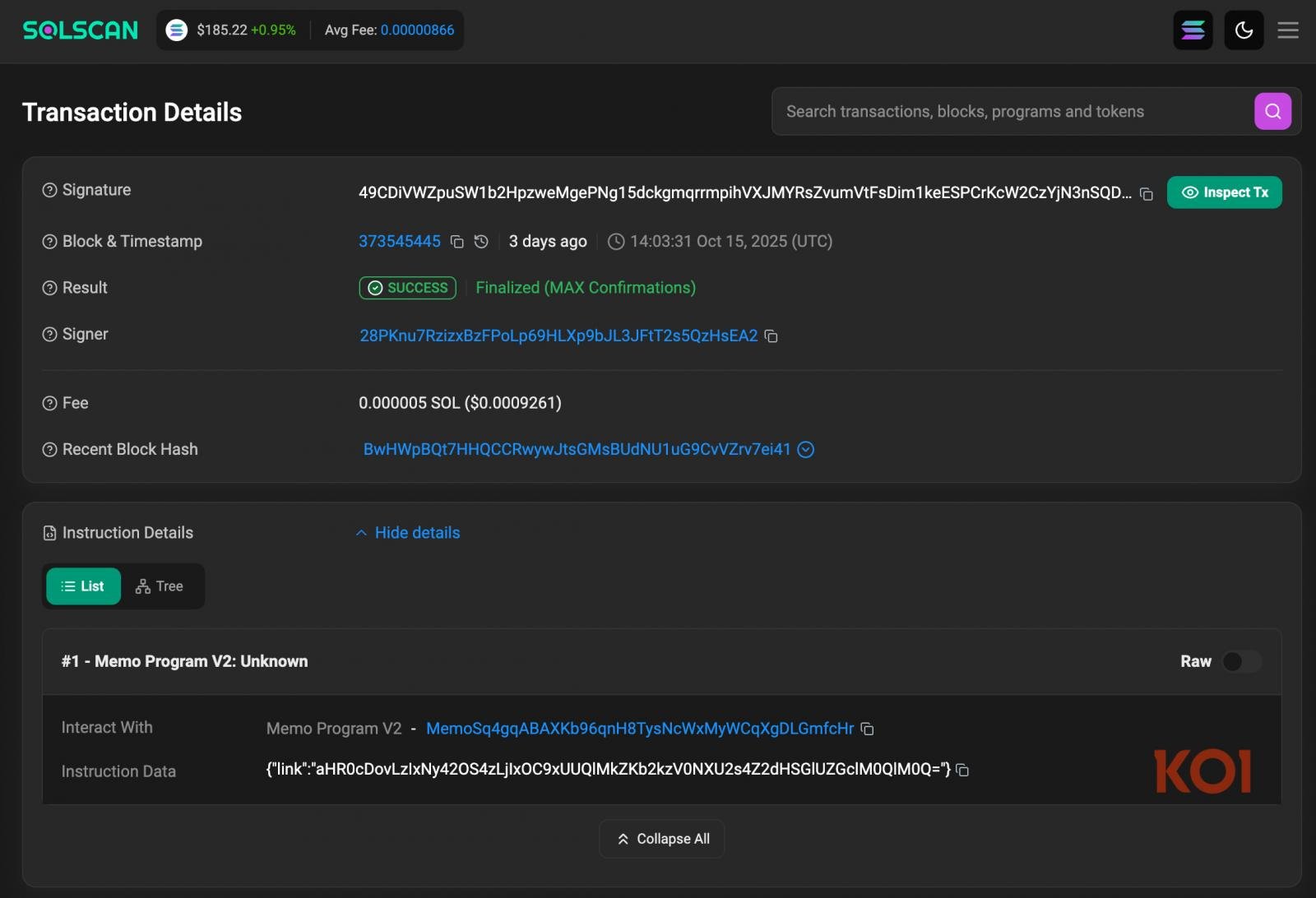 The Solana transaction that fetches the next-stage