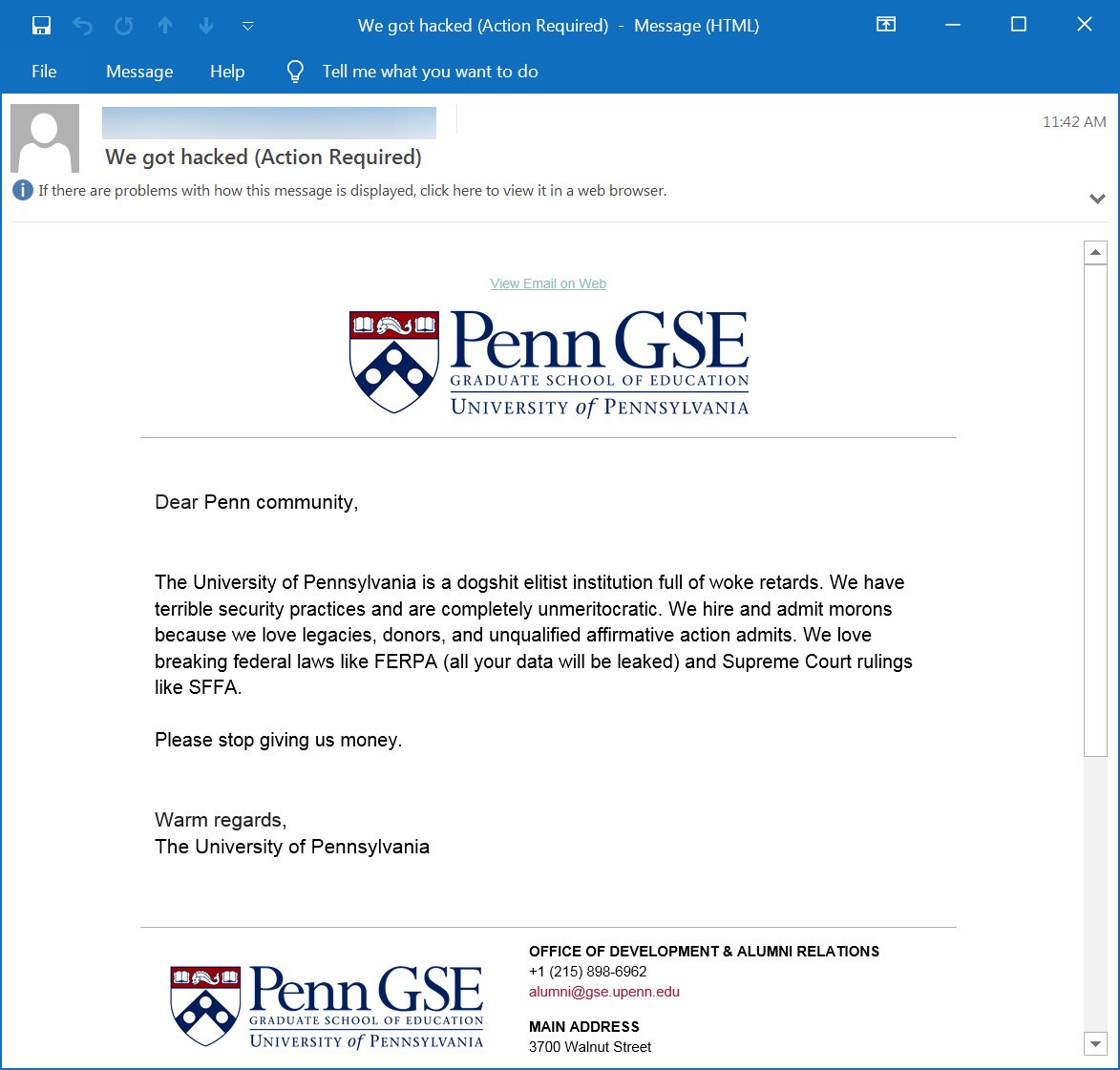 Email message from sent to students and alumni