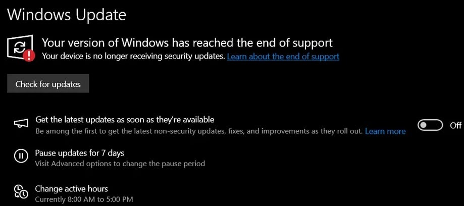 Windows 10 end-of-support alert