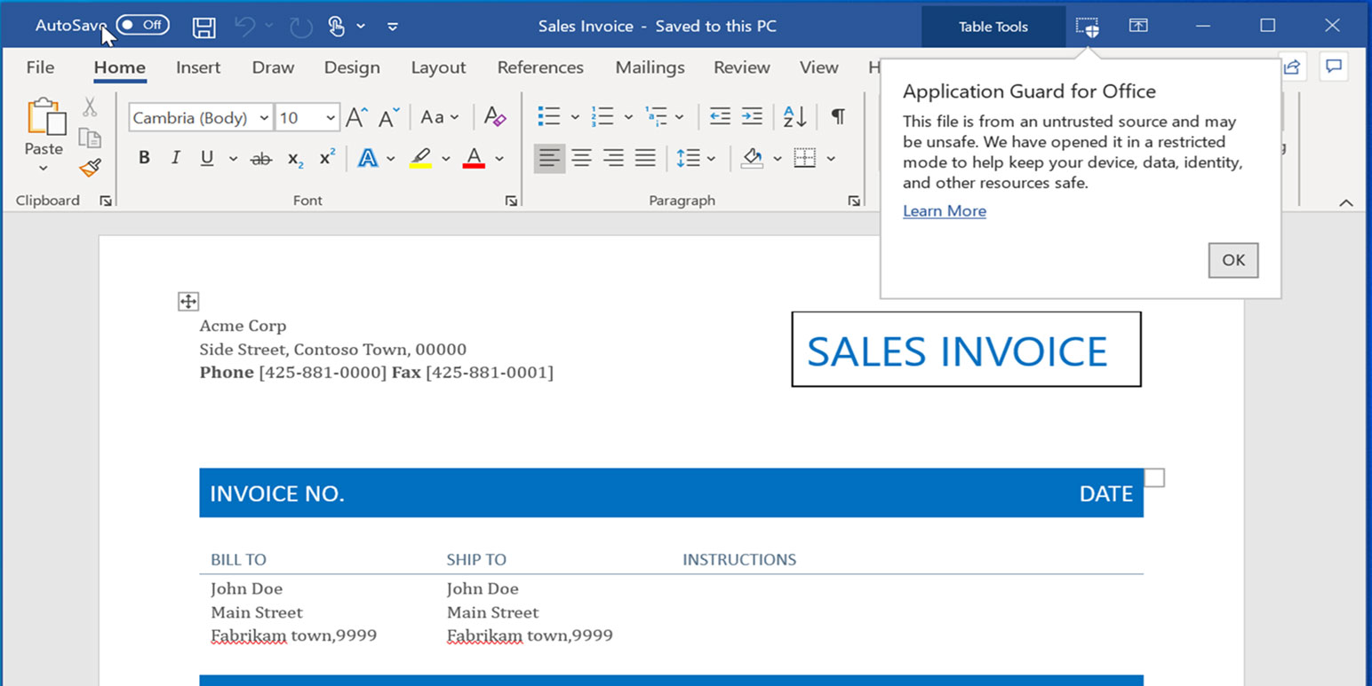 Application Guard for Office alert