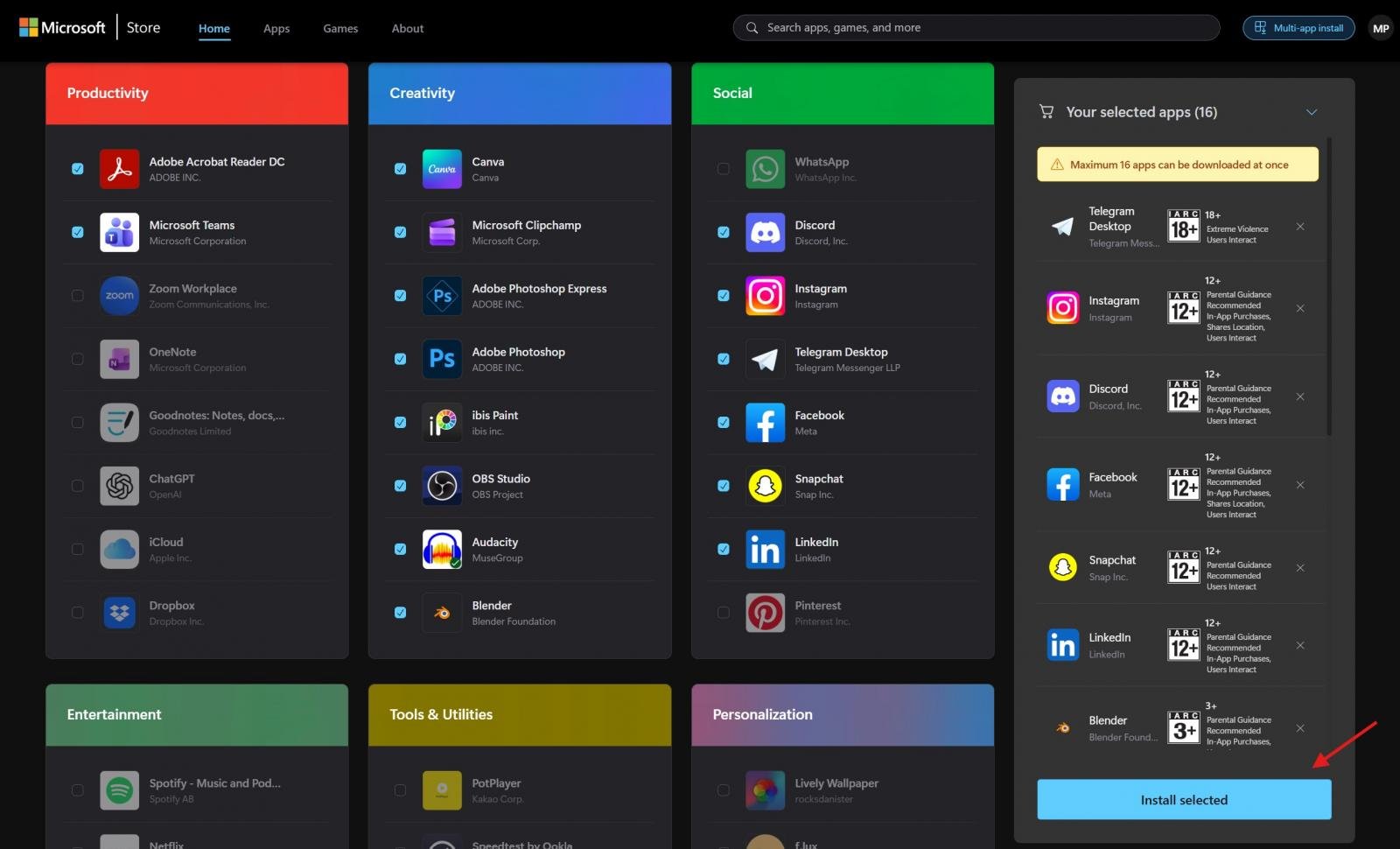 Multi-app install page