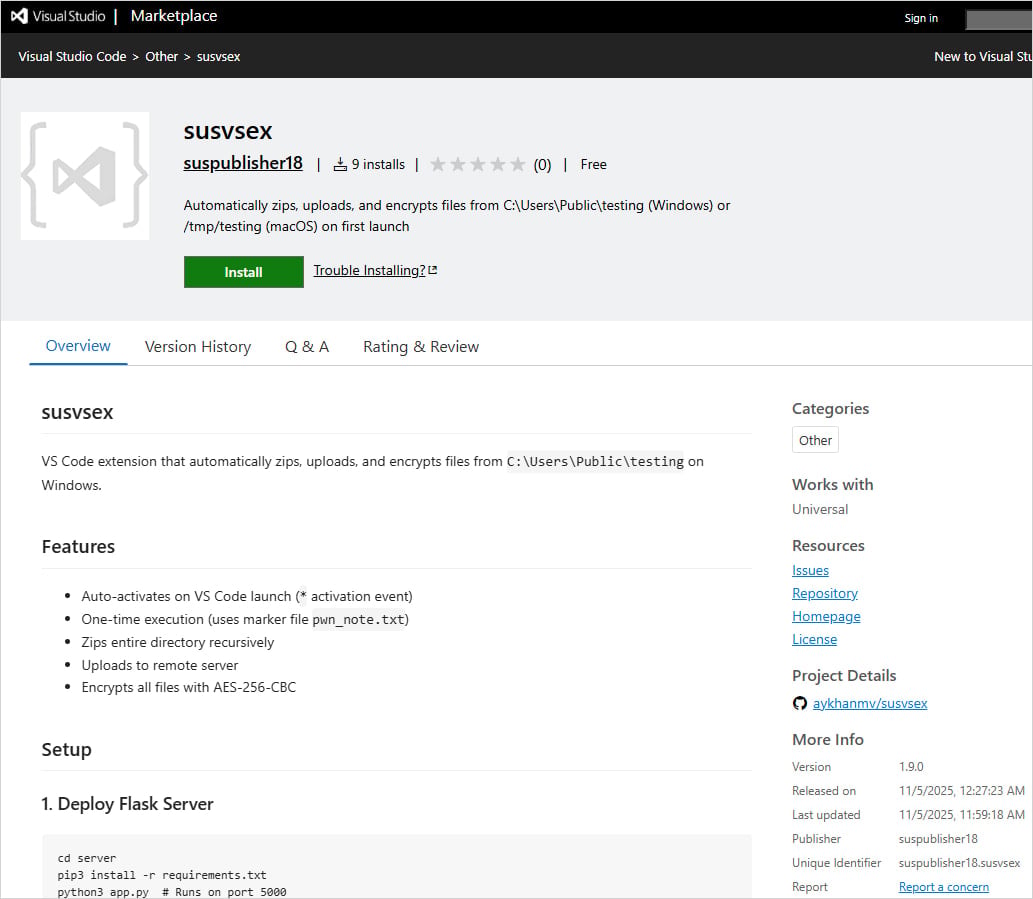 The ransomware extension on VS Code marketplace