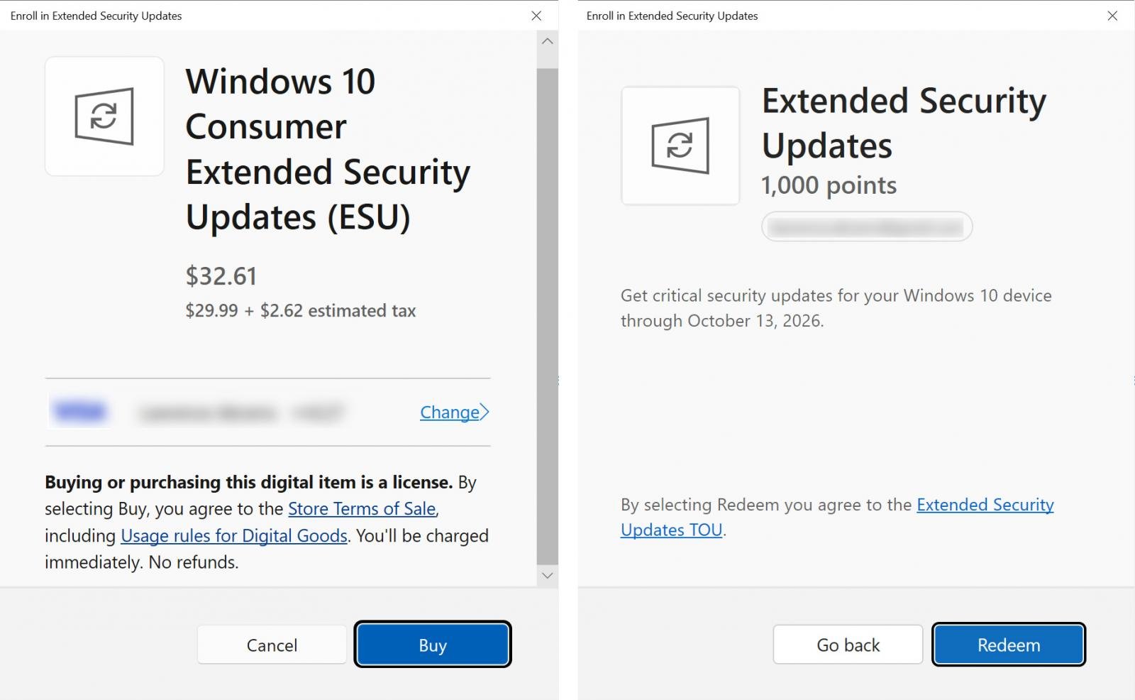 Screens where you can purchase or redeem reward points for the ESU program
