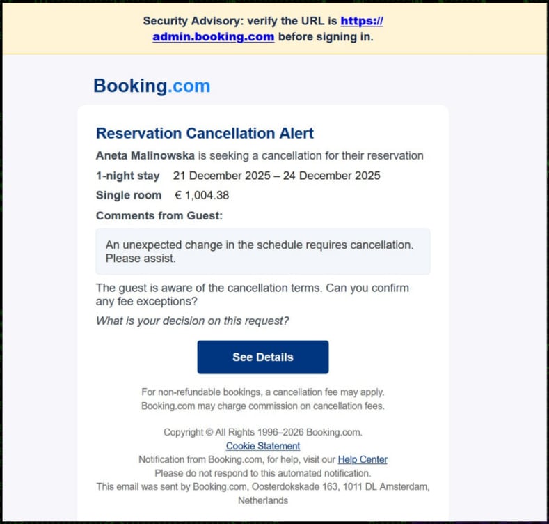 Fake Booking.com cancellation alert