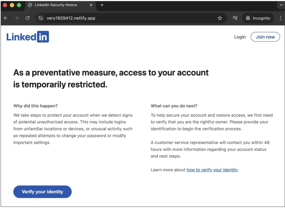 First LinkedIn phishing domain