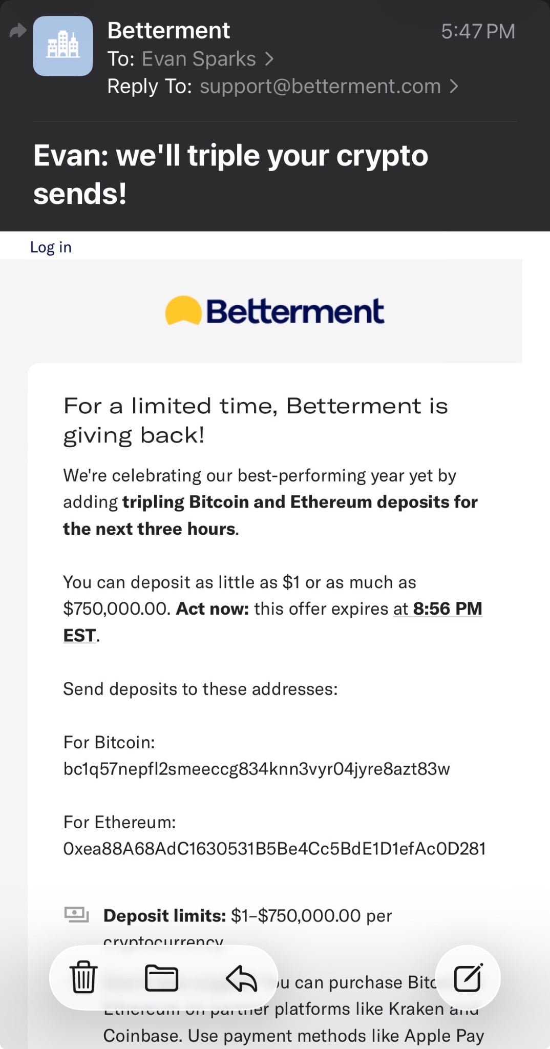 Fake Betterment crypto promotion