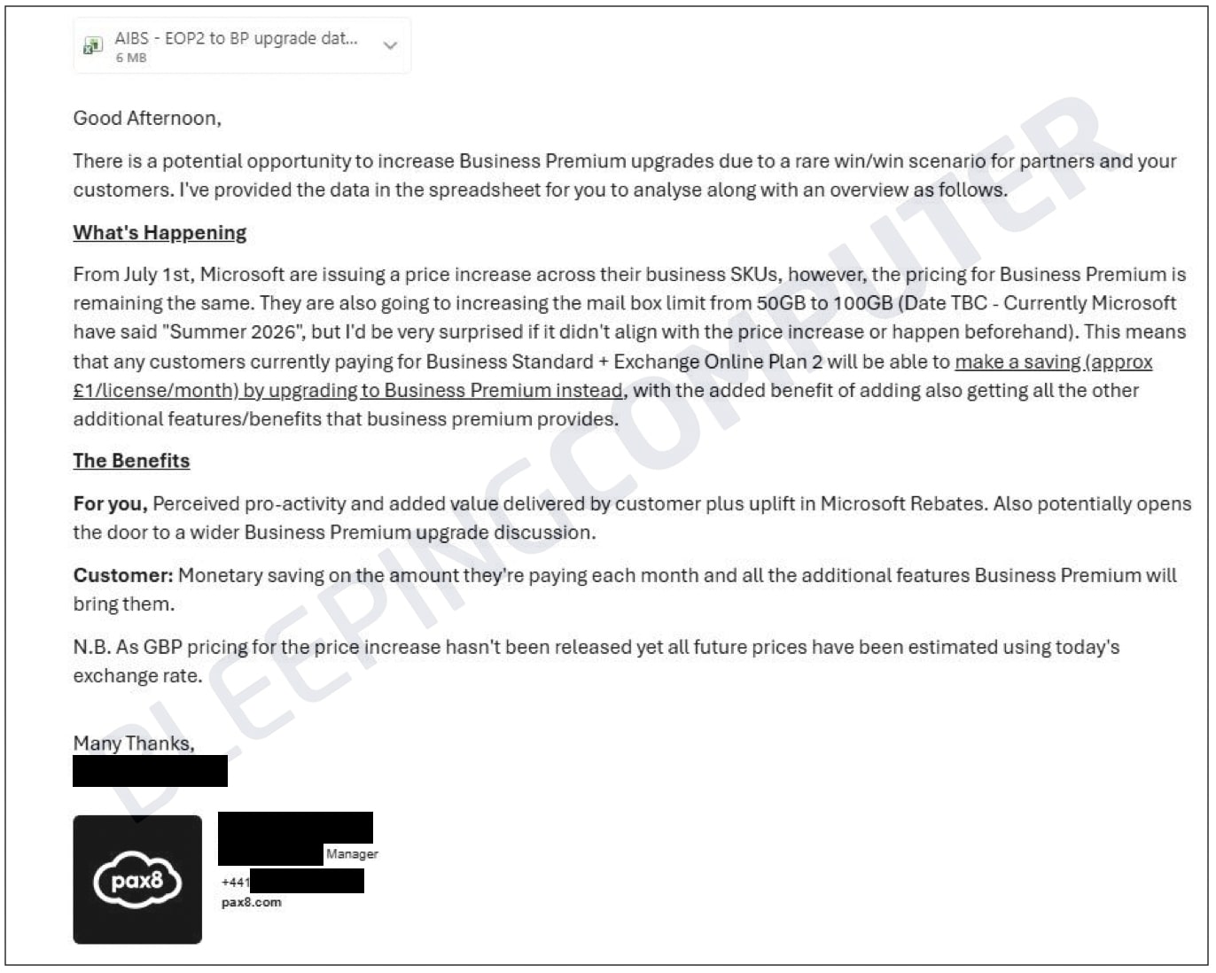 Pax8 email sent to MSPs containing the spreadsheet