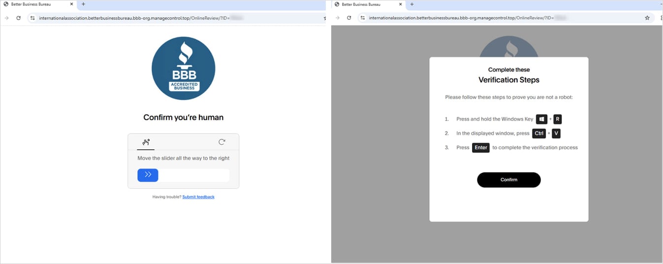 CAPTCHA (left) and ClickFix (right) pages