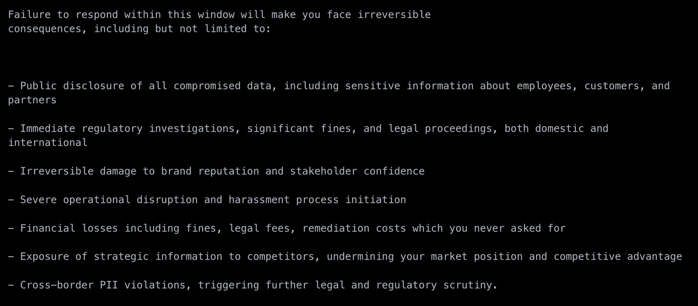 Snippet of the ShinyHunters ransom note