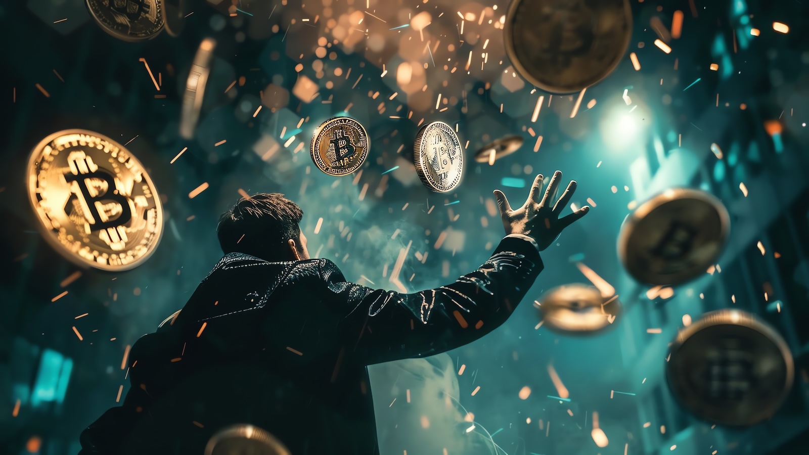 Bitcoin falling with a man grasping for them