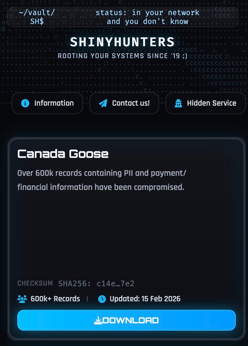 ShinyHunters data leak site with 600K customer records